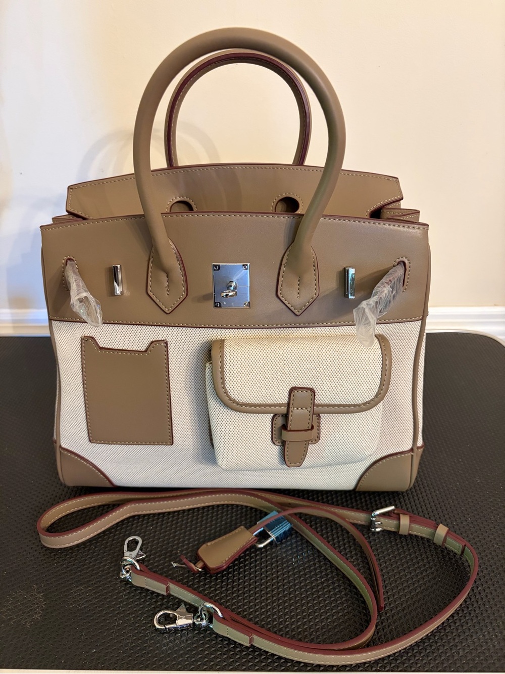 30cm Taupe and Cream Structured Canvas Tote Bag with Top Handles - Picture 6 of 13